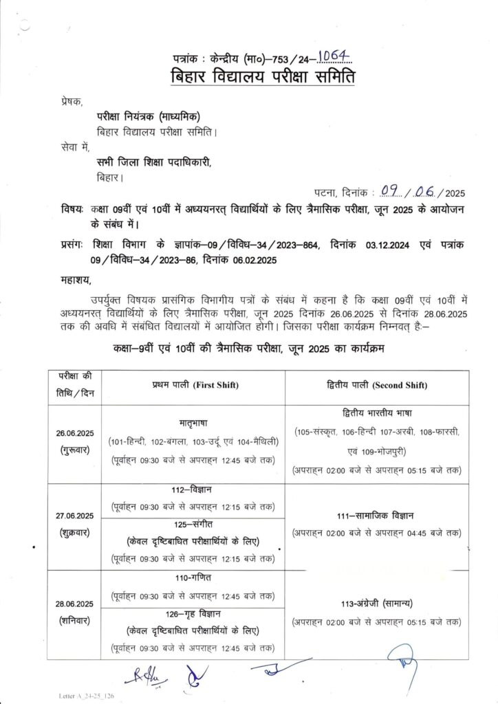 Bihar Board 9th 10th 12th June Exam 2025 Routine : बिहार बोर्ड कक्षा 9वीं, 10वीं एवं 12वीं त्रैमासिक परीक्षा जून 2025 रूटीन और पूरी जानकारी 1 Class 9th 10th Quarterly Exam Routine 2025